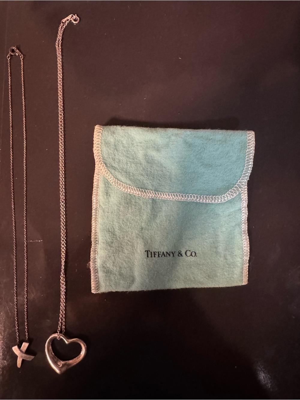 Tiffany & Co. Silver Heart and Cross Necklaces with Blue Pouch